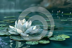 white lotos flower in pond, symbol of wesak day. 3d illustration