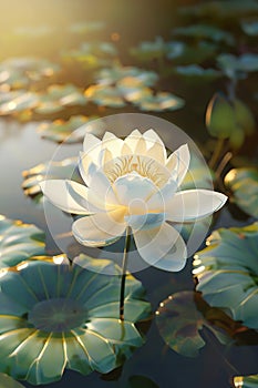 white lotos flower in pond, symbol of wesak day. 3d illustration