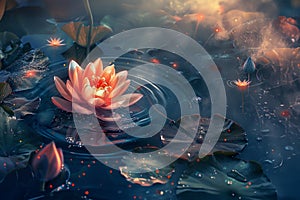 white lotos flower in pond, symbol of wesak day. 3d illustration