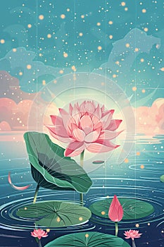 white lotos flower in pond, symbol of wesak day. 3d illustration