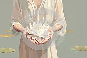 white lotos flower in pond, symbol of wesak day. 3d illustration