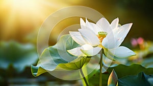 White lotus flower bathed in sunlight stands in the foreground, with a warm glow and large leaves in the background