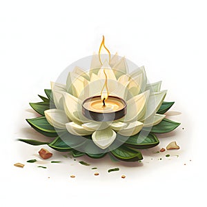 White Lotus Flower with burning candles. Diwali, dipawali Indian festival of light, picture on white isolated background