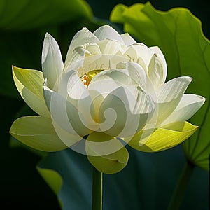 White lotus flower, fully opened, revealing its intricate center against the lush green leaves in the bright daylight