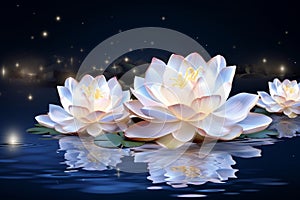 White lotus flower radiating ethereal glow under moonlight on serene dark blue water background