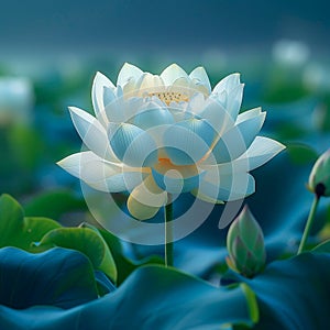 White lotus flower shines in soft light, with a backdrop of dark blue leaves and water, giving a feeling of tranquility and peace