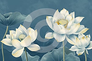 White lotus flowers on blue watercolor background. Floral pattern with lotuses on light background, watercolor.