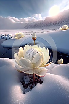 White lotus growing in a snowy mountain, sunlight, fantasy sense AI generated