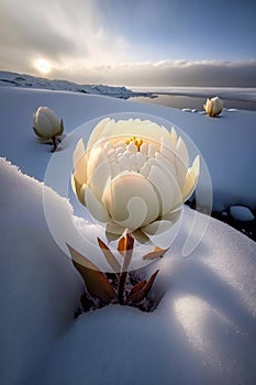 White lotus growing in a snowy mountain, sunlight, fantasy sense AI generated