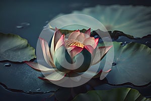 White lotus lilies in lake water. Natural beautiful flowers blossom in forest wildlife. Neural network AI generated