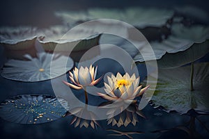 White lotus lilies in lake water. Natural beautiful flowers blossom in forest wildlife. Neural network AI generated