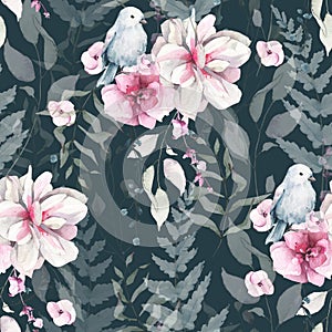 White lotus and pink rose flowers and pale green branches. Watercolor floral seamless pattern. Dark gray background