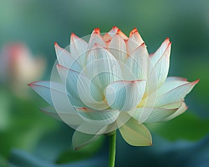 White lotus with subtle red tips on its petals blooms vibrantly against a blurred green background