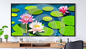 White lotus waterlily lily flower painting in a room - Generative AI