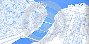 White low poly modern downtown with river above view