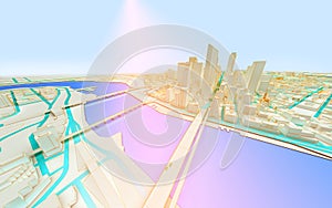 White low poly modern downtown with river above view