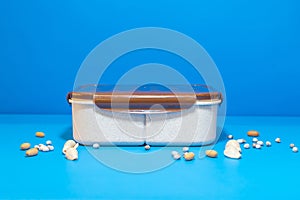 White Lunch Box with Brown Lid and Three Compartments