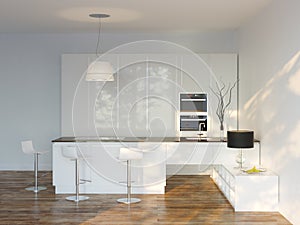 White Luxury Hi-Tech Kitchen With Bar (Front View)