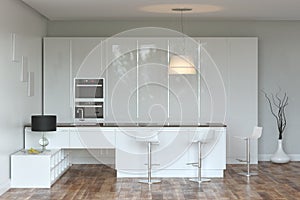 White Luxury Hi-Tech Kitchen With Bar (Front View)