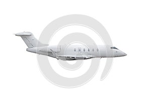 White luxury private jetliner flying isolated