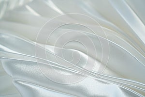 White luxury satin fabric waves background. Rippled white silk fabric satin cloth waves glamour background. Use for cosmetic store