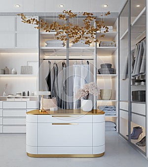 White luxury walk in closet interior with light frome dressing table.3d rendering