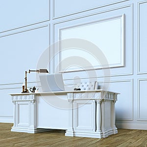 White luxury wooden office cabinet with mock up canvas. Perspective view version. 3d render