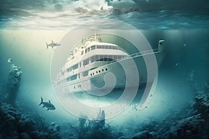 White luxury yacht sailing by blue sea. view from water. Underwater view. Generative AI