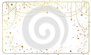 White magic background with gold stars and space decor with copy space. Layout for astrology, banner for the witch. Divine boho