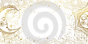 White magic background with sleeping golden sun with face and crescent moon  space pattern with copy space and stars. Layout for