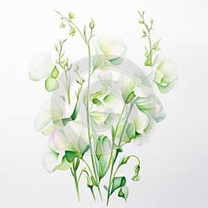 White Magic Sweet Pea Watercolor Illustration On White Background
