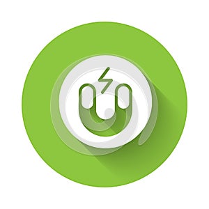 White Magnet icon isolated with long shadow background. Horseshoe magnet, magnetism, magnetize, attraction. Green circle