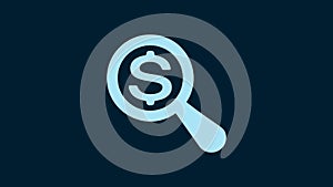 White Magnifying glass and dollar icon isolated on blue background. Find money. Looking for money. 4K Video motion