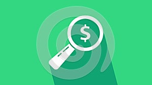 White Magnifying glass and dollar icon isolated on green background. Find money. Looking for money. 4K Video motion