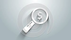White Magnifying glass and dollar icon isolated on grey background. Find money. Looking for money. 4K Video motion