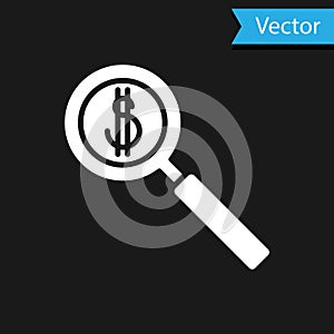 White Magnifying glass and dollar symbol icon isolated on black background. Find money. Looking for money. Vector