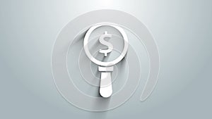 White Magnifying glass and dollar symbol icon isolated on grey background. Find money. Looking for money. 4K Video