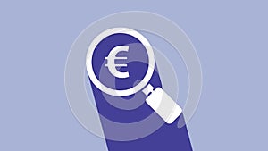 White Magnifying glass and euro symbol icon isolated on purple background. Find money. Looking for money. 4K Video