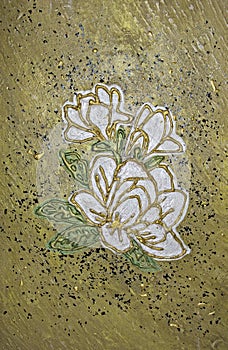 White Magnolia flowers: purity and perfection, 3D painting, bronze and gold background, home wall art decor