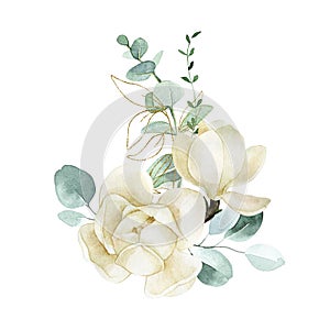 white magnolias and eucalyptus leaves. delicate illustration composition of flowers, green and golden leaves of eucalyptus.