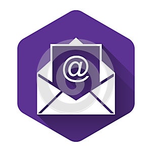 White Mail and e-mail icon isolated with long shadow. Envelope symbol e-mail. Email message sign. Purple hexagon button