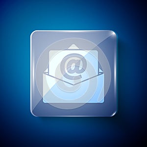 White Mail and e-mail icon isolated on blue background. Envelope symbol e-mail. Email message sign. Square glass panels