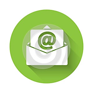 White Mail and e-mail icon isolated with long shadow. Envelope symbol e-mail. Email message sign. Green circle button