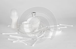 White make-up accessories on a white background