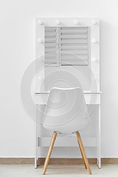 White makeup dressing table with lamps and a chair against a white wall