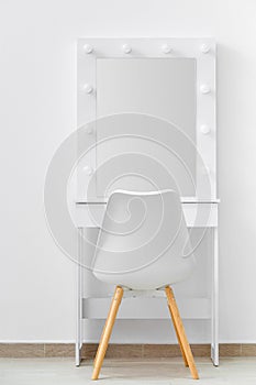 White makeup dressing table with lamps and a chair against a white wall