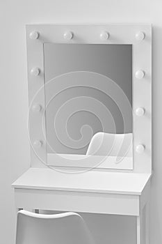 White makeup dressing table with lamps and a chair against a white wall, close-up