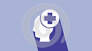White Male head with hospital icon isolated on purple background. Head with mental health, healthcare and medical sign
