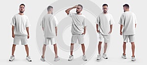 White male t-shirt mockup, shorts on a bearded guy in sneakers, isolated on background, front, back view