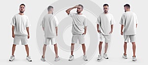White male t-shirt mockup, shorts on a bearded guy in sneakers, isolated on background, front, back view photo